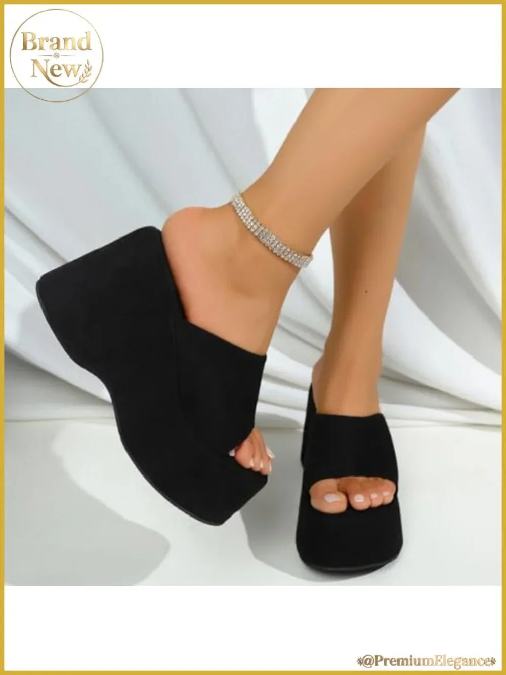 Suede Platform Wedge Slide Sandals Round Open Toe One Strap Slip-On Heels